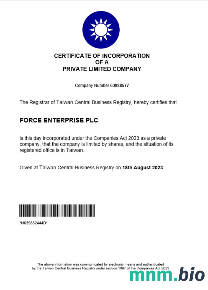 Tajwan business registration vcertyfikat Word i szablon PDF